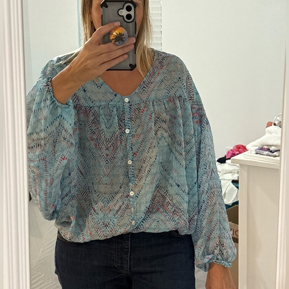 Blue Patterned Button-Up Blouse